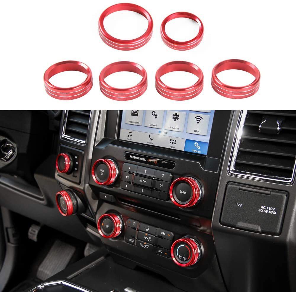 6Pcs Air Conditioner Switch CD Button Ring Knob Trim for Ford F150 XLT 15-20 Red