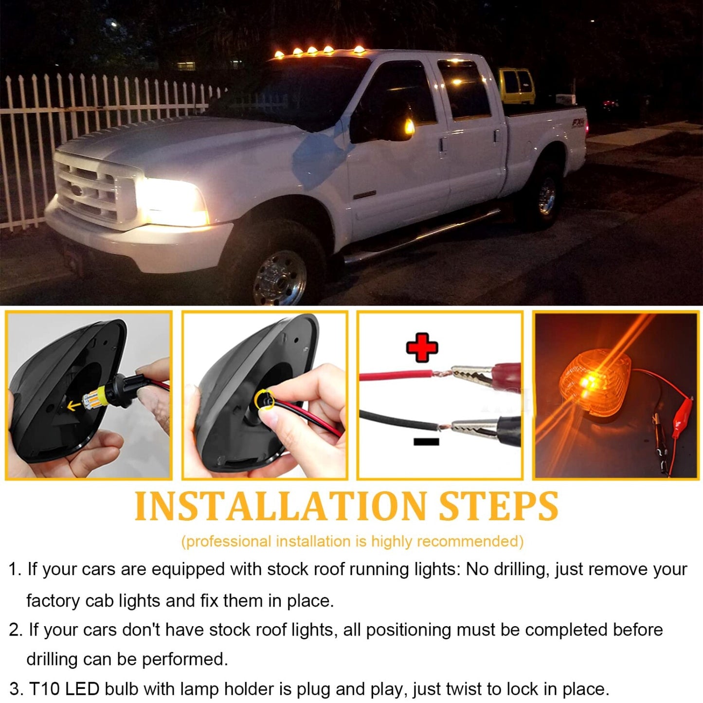 5Pcs Smoke LED Cab Roof Lights Marker Amber for Ford F-350 F450 F-250 Super Duty