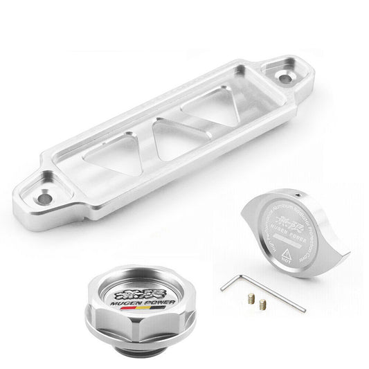JDM Silver Engine Oil Filler Cap+ Radiator Cap+ Battery Tie Down for Honda for Acura