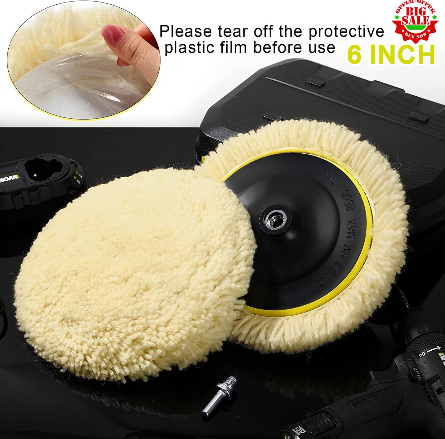 6-inch wool polishing pad + backing pad hook and loop for composite materials.