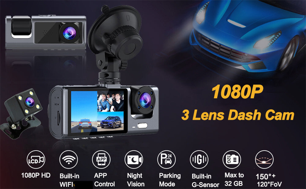 1080P 3 Lens Car DVR Dash Cam Video Recorder G-Sensor Front Inside Rear Camera