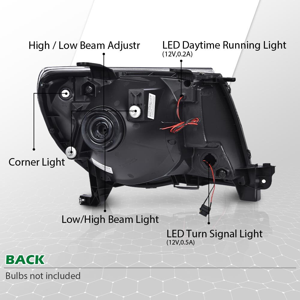 Suitable for 2005-2011 for Toyota Tacoma transparent LED headlights, black/transparent.