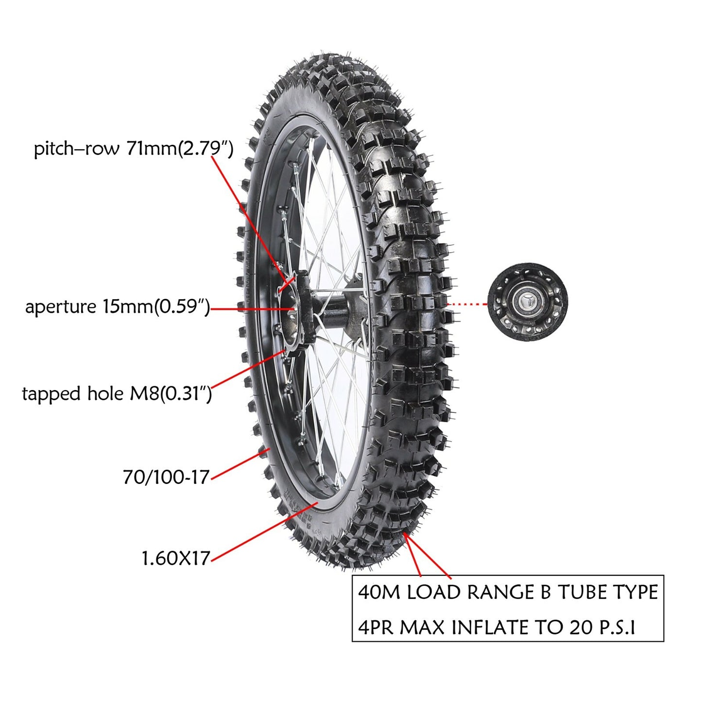 Front 70/100-17 + Rear 90/100-14 tires and rims suitable for Dirt bicycles Apollo 125cc and 140cc.