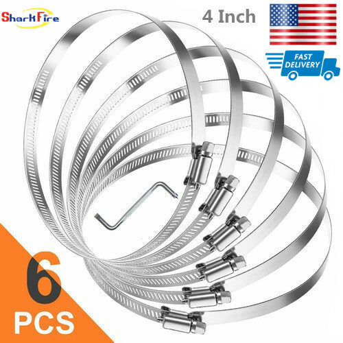 6-Piece Adjustable 304 Stainless Steel Pipe Clamps Hose Clamps 4 inch + Shape Wrench