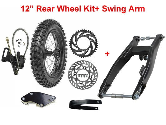 12-inch rear wheel swingarm kit, 80/100-12 tires, rim grooves, SSR Apollo bicycle, 110cc/125cc.