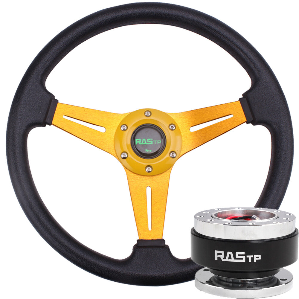 New 14inch Gold Steering Wheel Drifting Deep Dish Black Quick Release Adapter