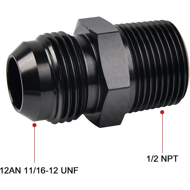 2Pcs 1/2 NPT to 12AN Adapter Pipe Thread to AN12 Male Flare Fitting Black