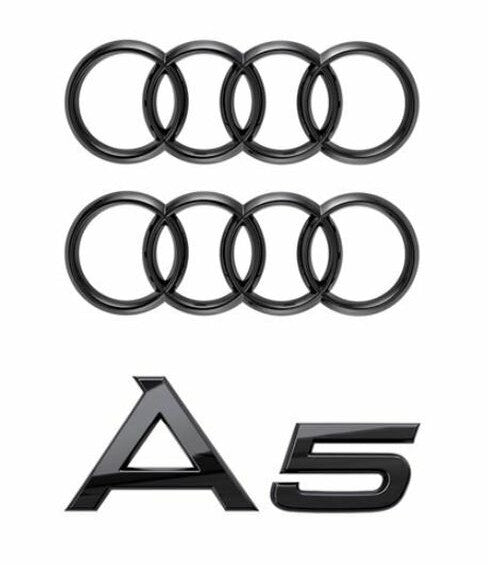 4 for Audi for A5 Badge Rings, Quattro Front Cover, Rear Boots, BBQ Badges, Gloss Black