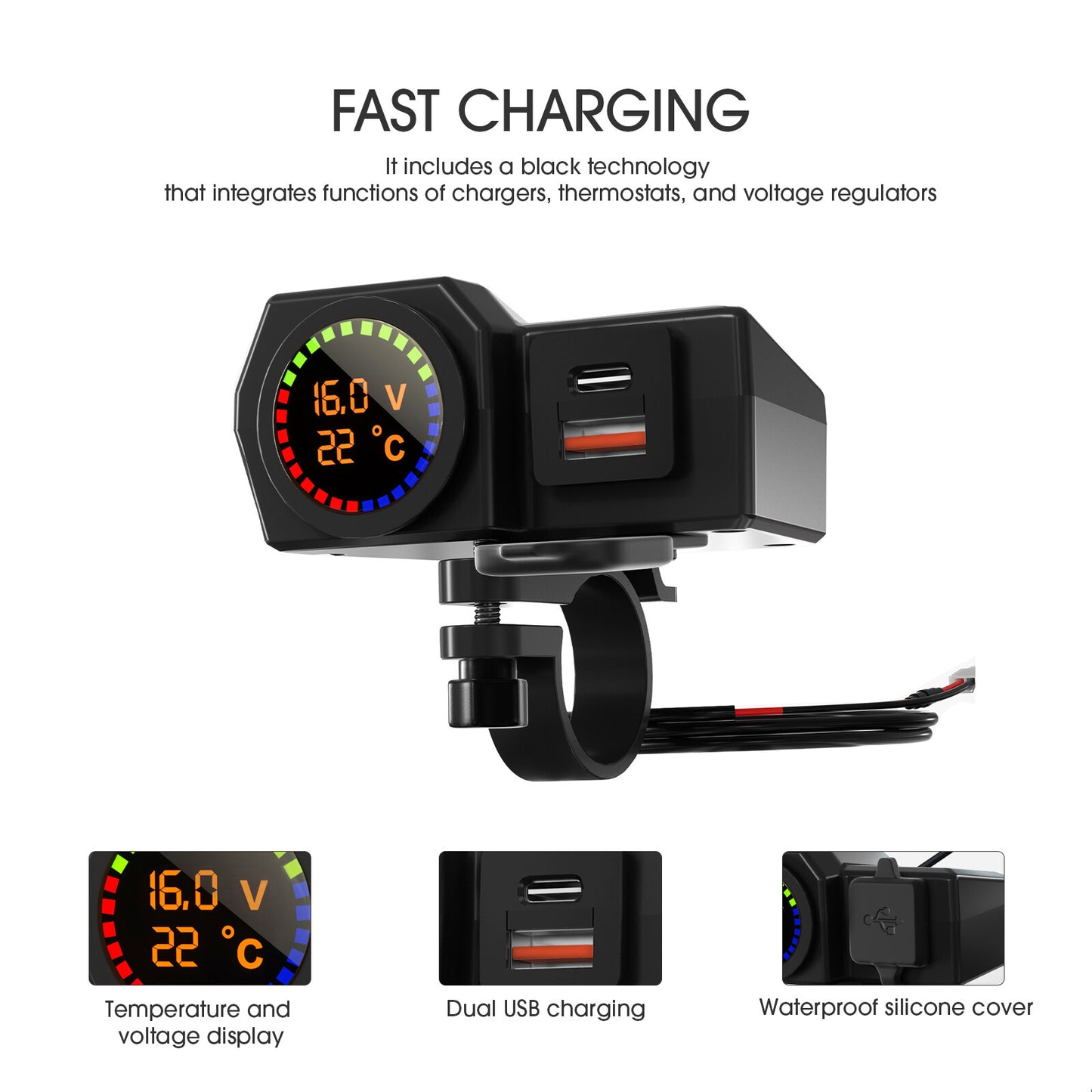 Motorcycle Cell Phone GPS Handlebar Mirror Mount Holder USB PD Type C Charger