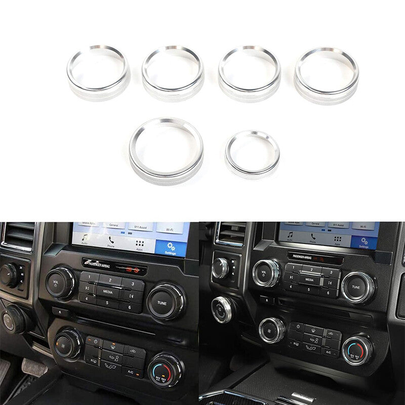6Pcs Air Conditioner Switch CD Button Ring Knob Trim for Ford F150 XLT 15-20 Silver