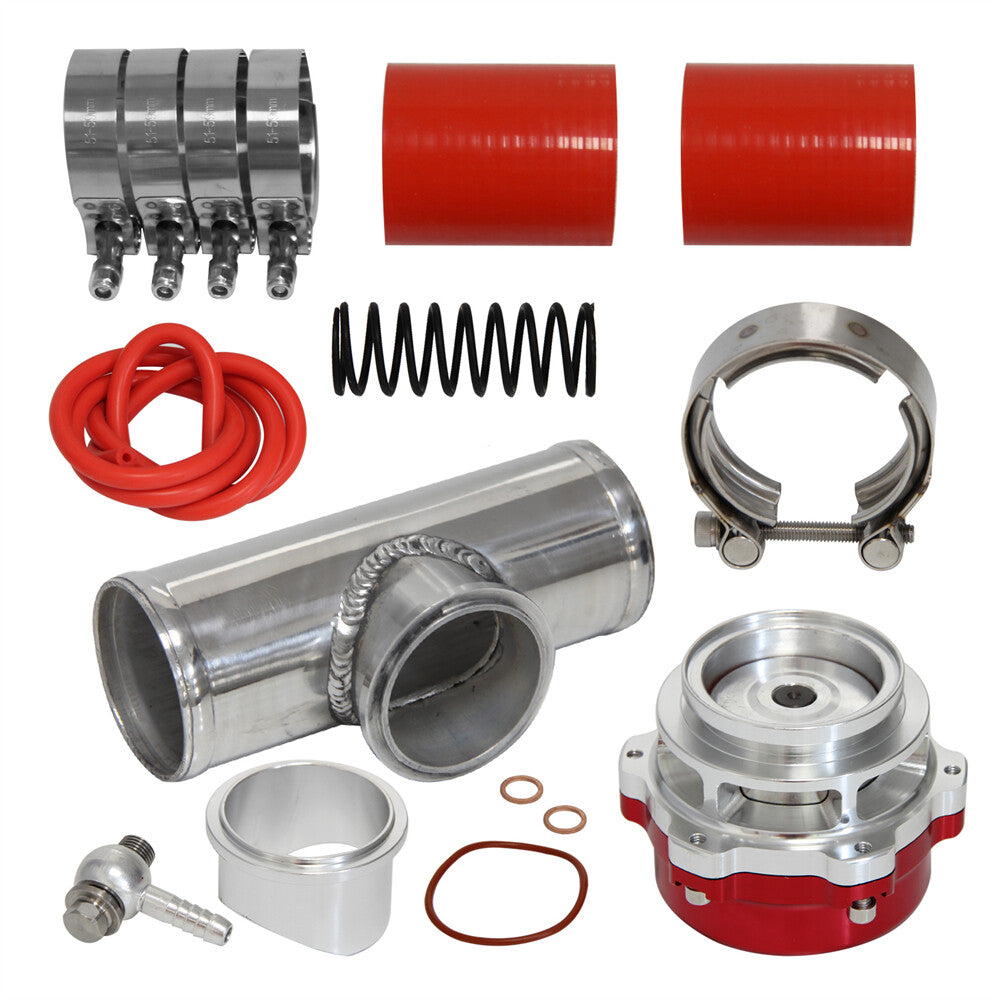 50MM 35PSI Boost V-Band Turbo Blow Off Valve BOV+2.25'' Flange Pipe Hose Kit Red
