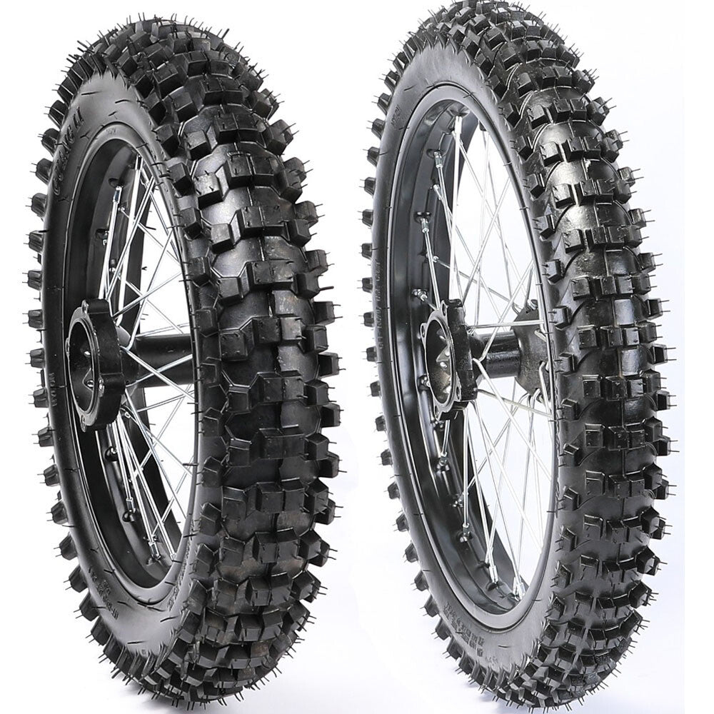 17-inch and 14-inch wheels, 70/100-17 and 90/100-14 tires and rims suitable for SSR 125cc and 110cc off-road bikes.