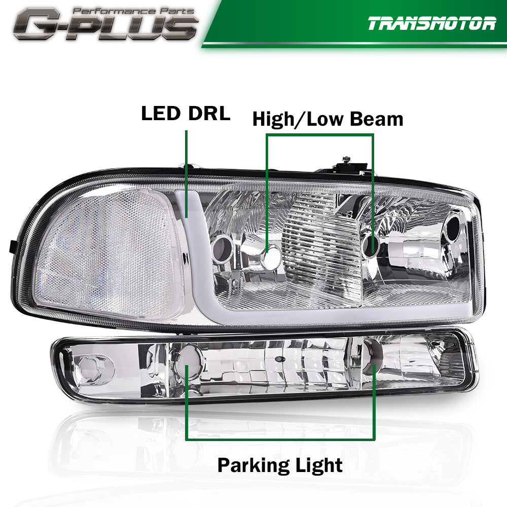 Suitable for 99-07 for GMC for Sierra / for Yukon LED DRL clear chrome headlights + bumper lights