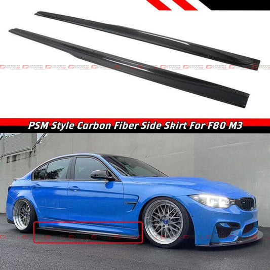 Suitable for 2015-2019 for BMW F80 F81 M3 PSM style carbon fiber side skirt extensions.