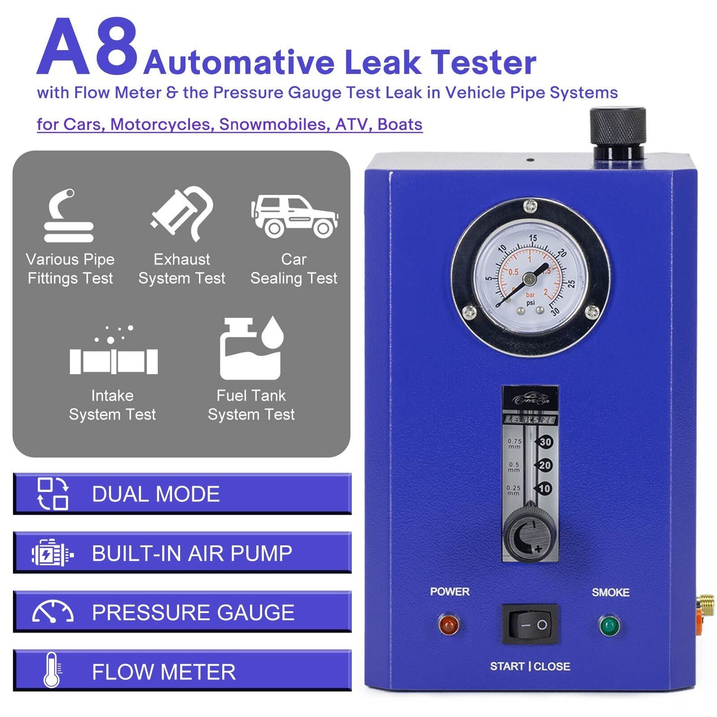 for A8 Automative Leak Tester with Flow Meter Pressure Gauge Test Leak Pipe System
