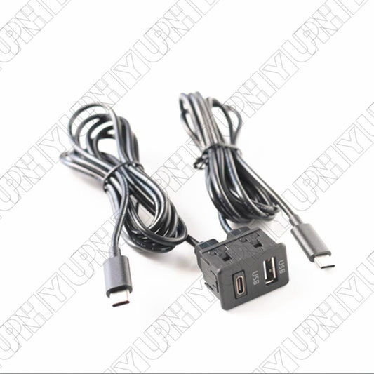 Car Dual Type-C to USB+TYPE-C Port Socket Panel Black with 145cm Extension Cable