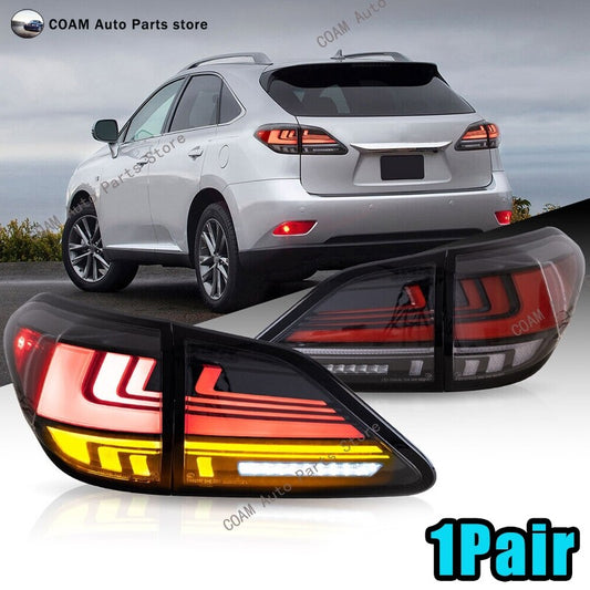 A pair of LED taillights for Lexus RX350 RX450H 2010-2015 with start-up animation.