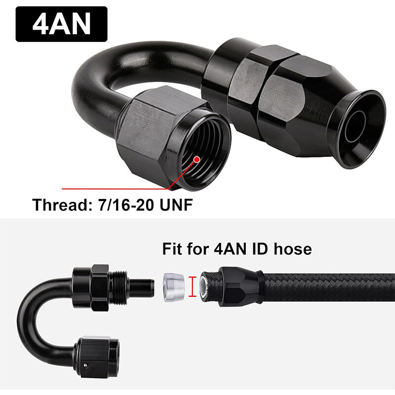 4AN PTFE Hose End Fitting Adapter AN4 180 Degree for PTFE Hose Line Only Black