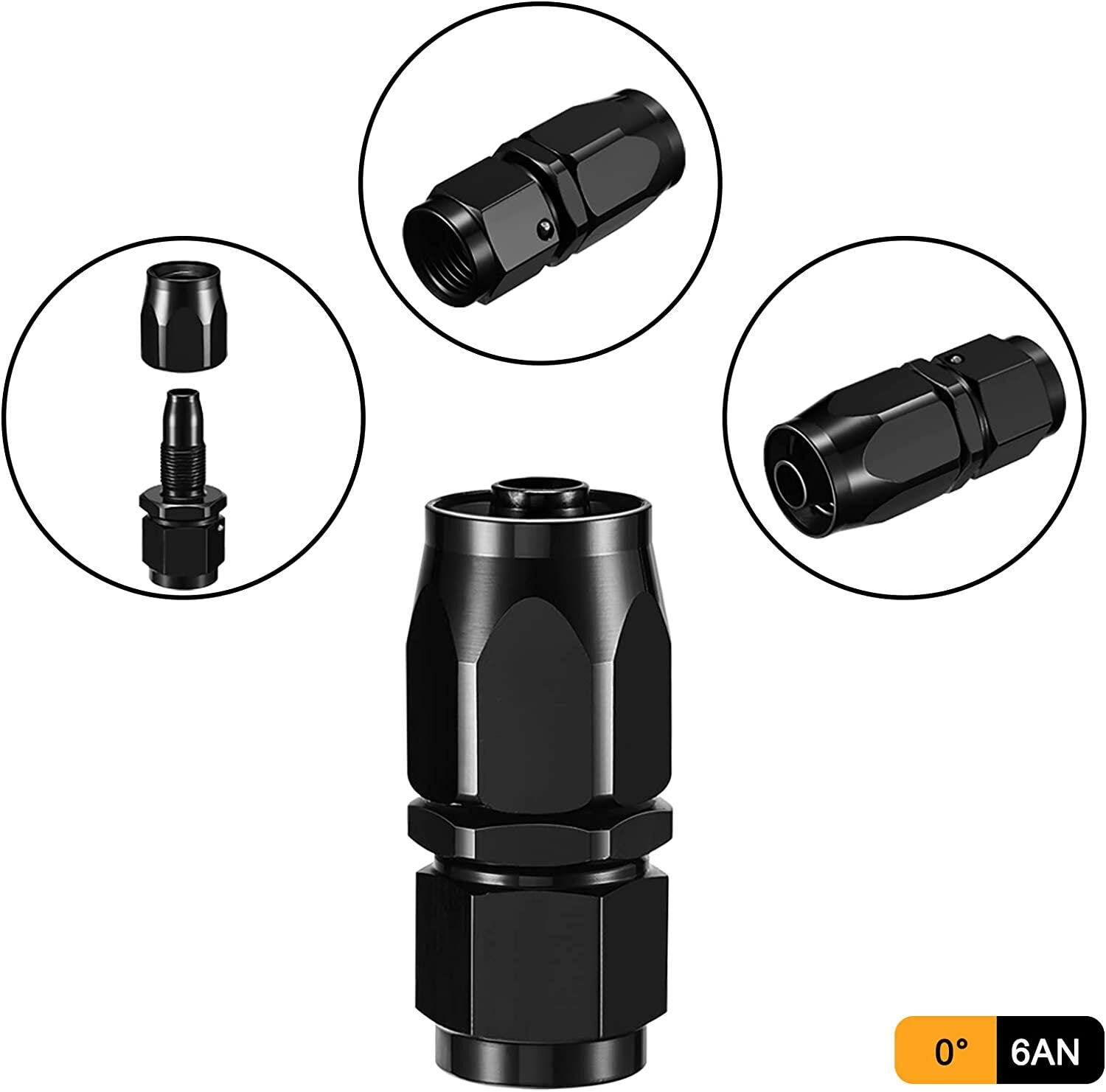 4-Pack 6AN Straight Rotary Hose End Fittings for CPE Oil Fuel Lines, Aluminum Black,