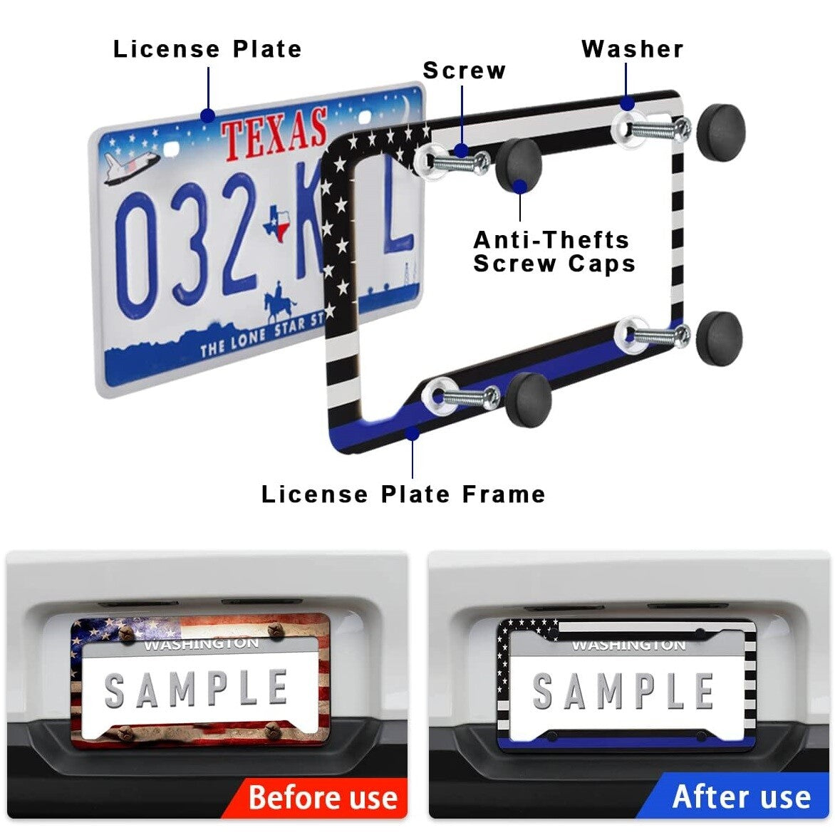 2 for Dodge for Ram 1500US Flag Patriotic Truck License Plate Frame Front Rear Cover