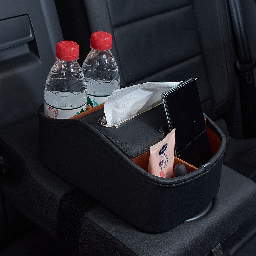 New Car PU Leather Organizer Storage Box Water Cup And Tissue Storage Black