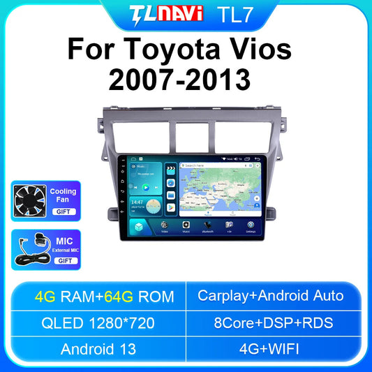 Car Radio CarPlay for Toyota VIOS Yaris 2007-2013 Android GPS Multimedia Screen