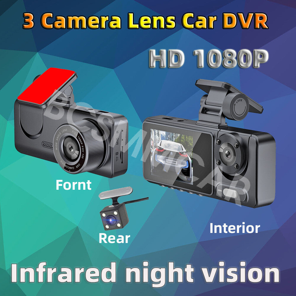 2in 3 Lens WIFI Car Dash Cam DVR Recorder Front/Inside/Rear Camera Night Vision
