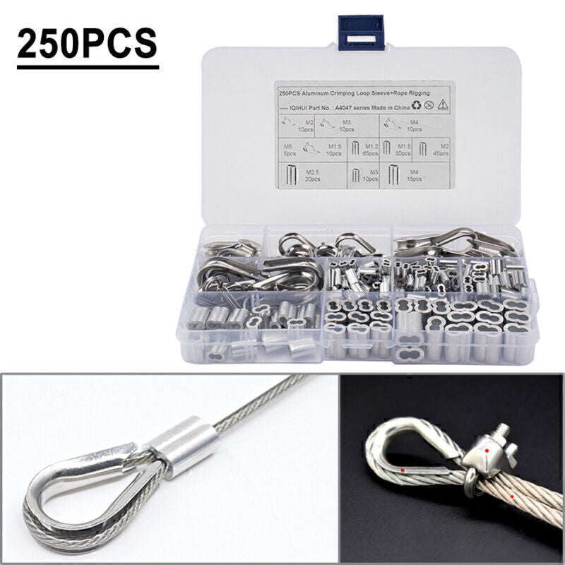 250Pcs M2/3/4/5 Crimping Loop Sleeve Assortment Kit for Wire Rope Cable Thimbles