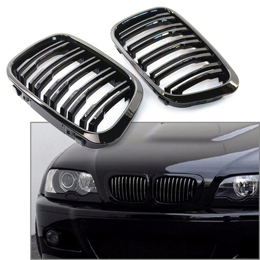 Pair Gloss Front Twin Bar Grille Grills FIT for BMW 3 Series E46 1999-01 4 Door