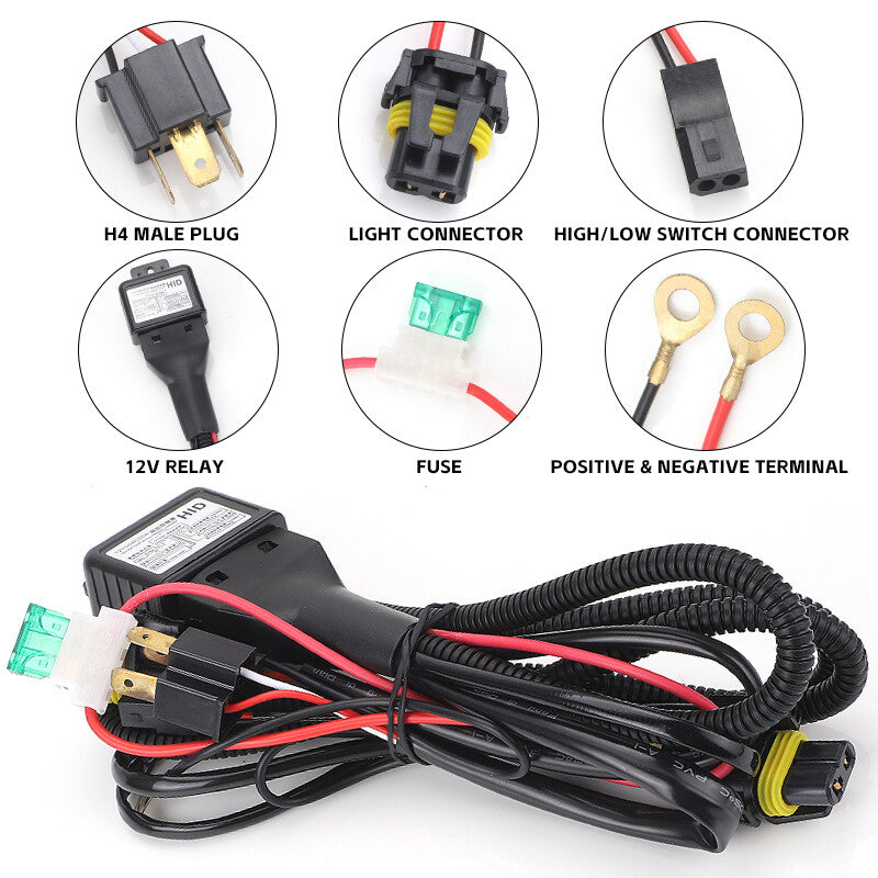H4 Headlight Conversion Plug Relay Wiring Harness Kit For 2 of HID LED High/Low