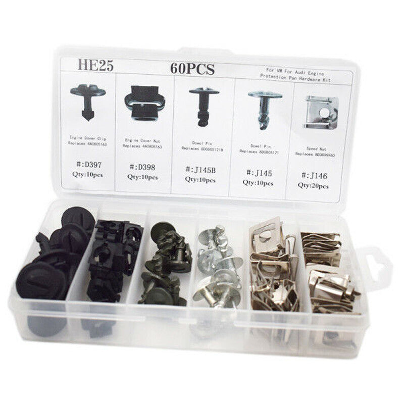 60-piece US Automotive Engine Protector Disc Hardware Kit with Pin Clamps, Nuts, and Decorative Parts