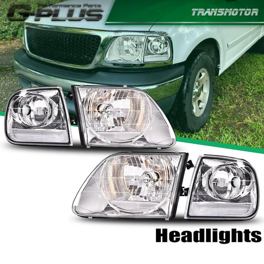 Chrome-encased headlights with transparent cornering mechanism, suitable for Ford 97-03 F150 and 97-02 Expedition.