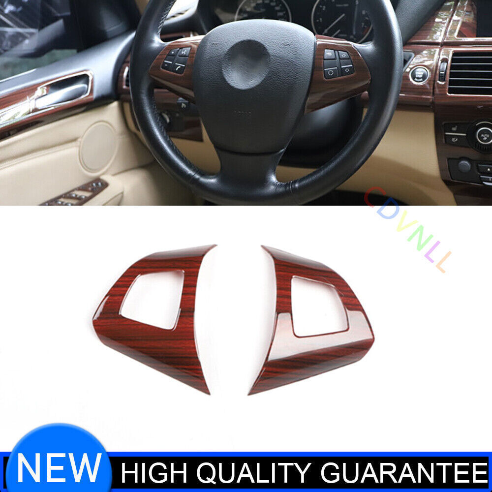 for BMW X5 2008-13 Wood Grain Interior Steering Wheel Button Frame Cover Trim 2P