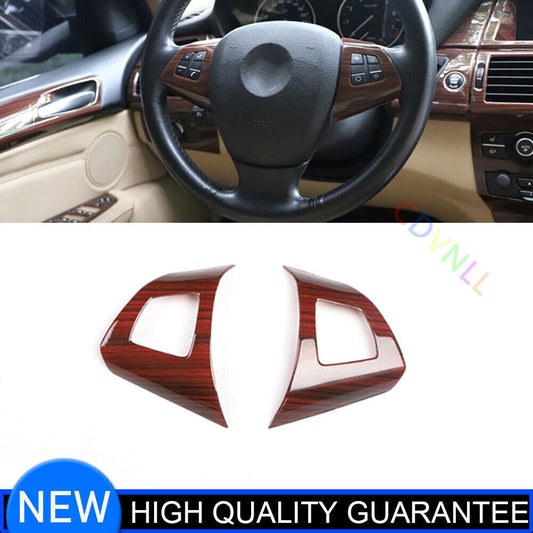 for BMW X5 2008-13 Wood Grain Interior Steering Wheel Button Frame Cover Trim 2P