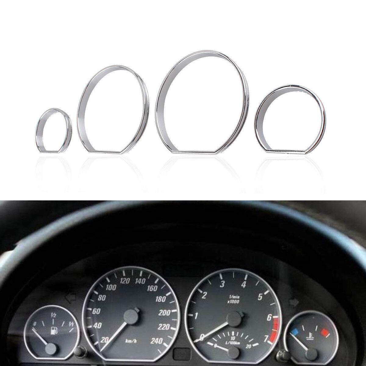 Specifications: Instrument panel dial bezel trim, speedometer frame for BMW E46 1999 - 2006, chrome.
