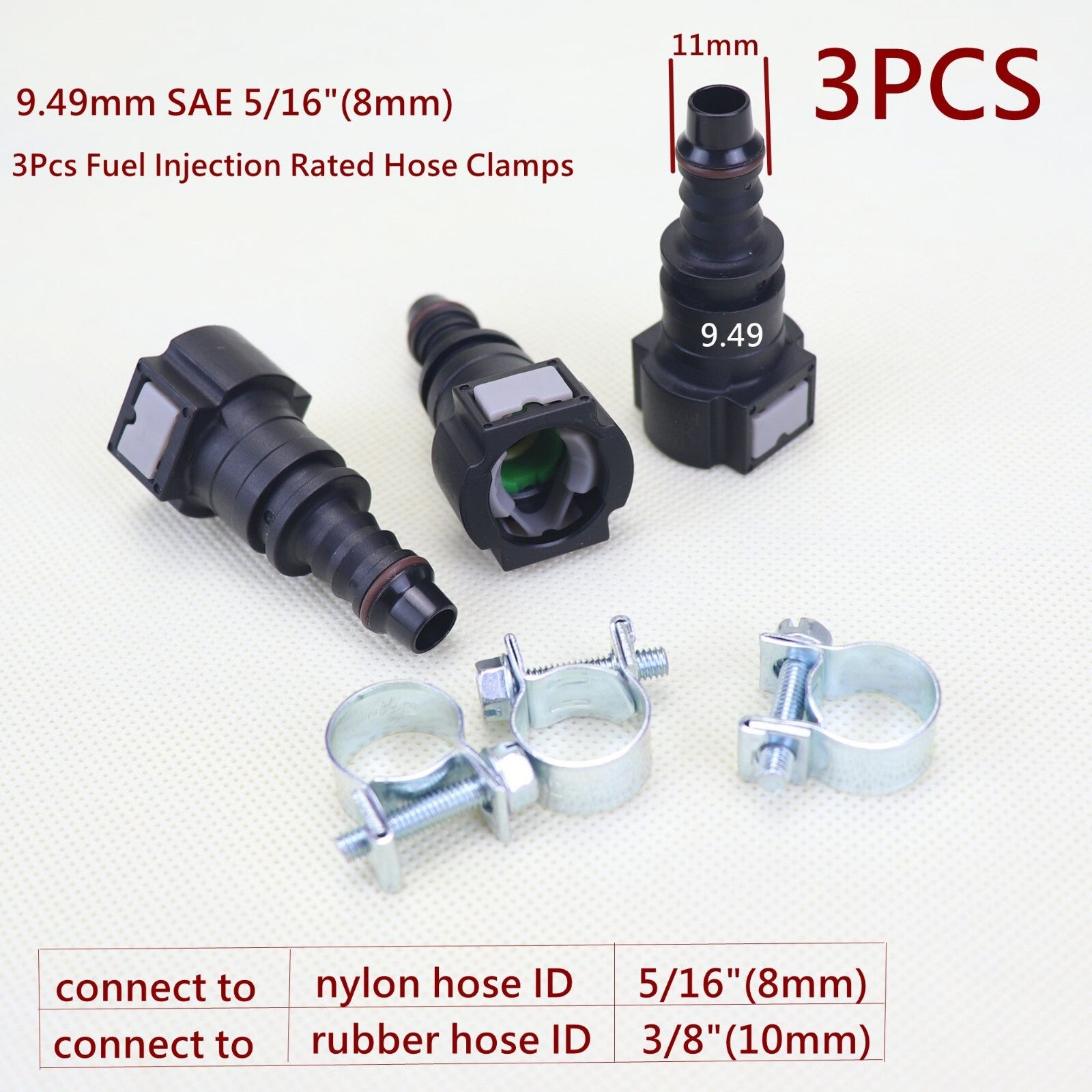 3-piece Nylon Fuel Line Quick Connector Release Hoses Disconnect Hoses 9.49 mm SAE 5/16