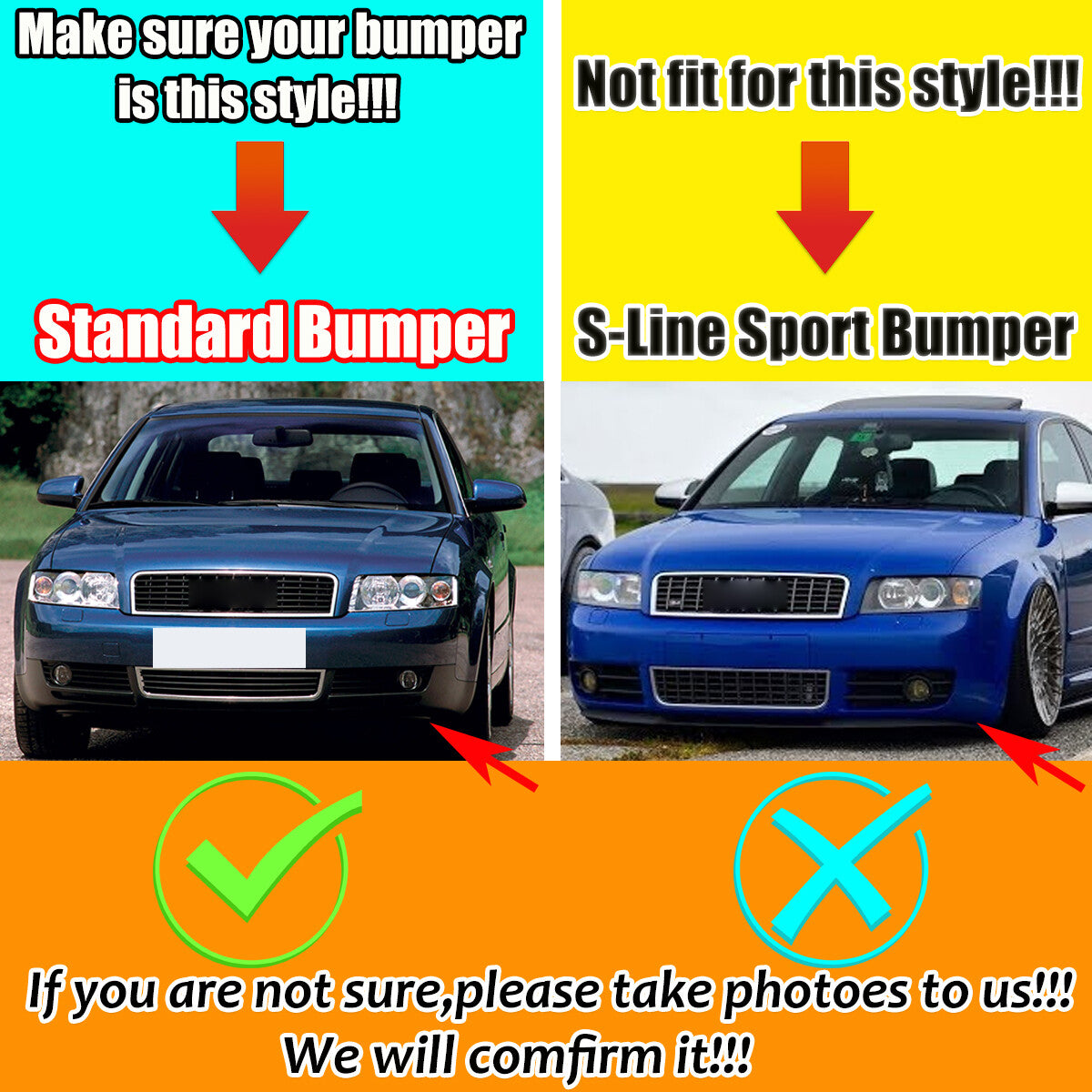 Suitable for 2002-2005 for Audi A4 B6: Honeycomb front bumper lower grille + fog light grille.