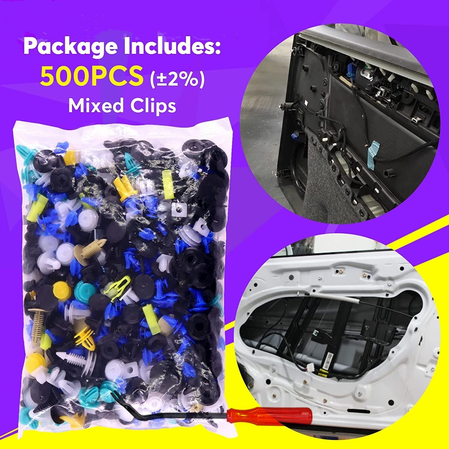 500-piece pack of automotive trim fastener clips and retainers for bumpers, car bodies, nylon door panels, and GM clips.