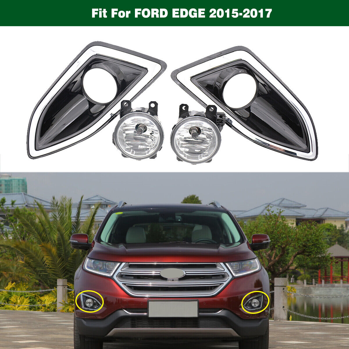 Front Bumper Fog Lights Lamps w/Cover Bezel Bulbs Kits for Ford Edge 2015-2017