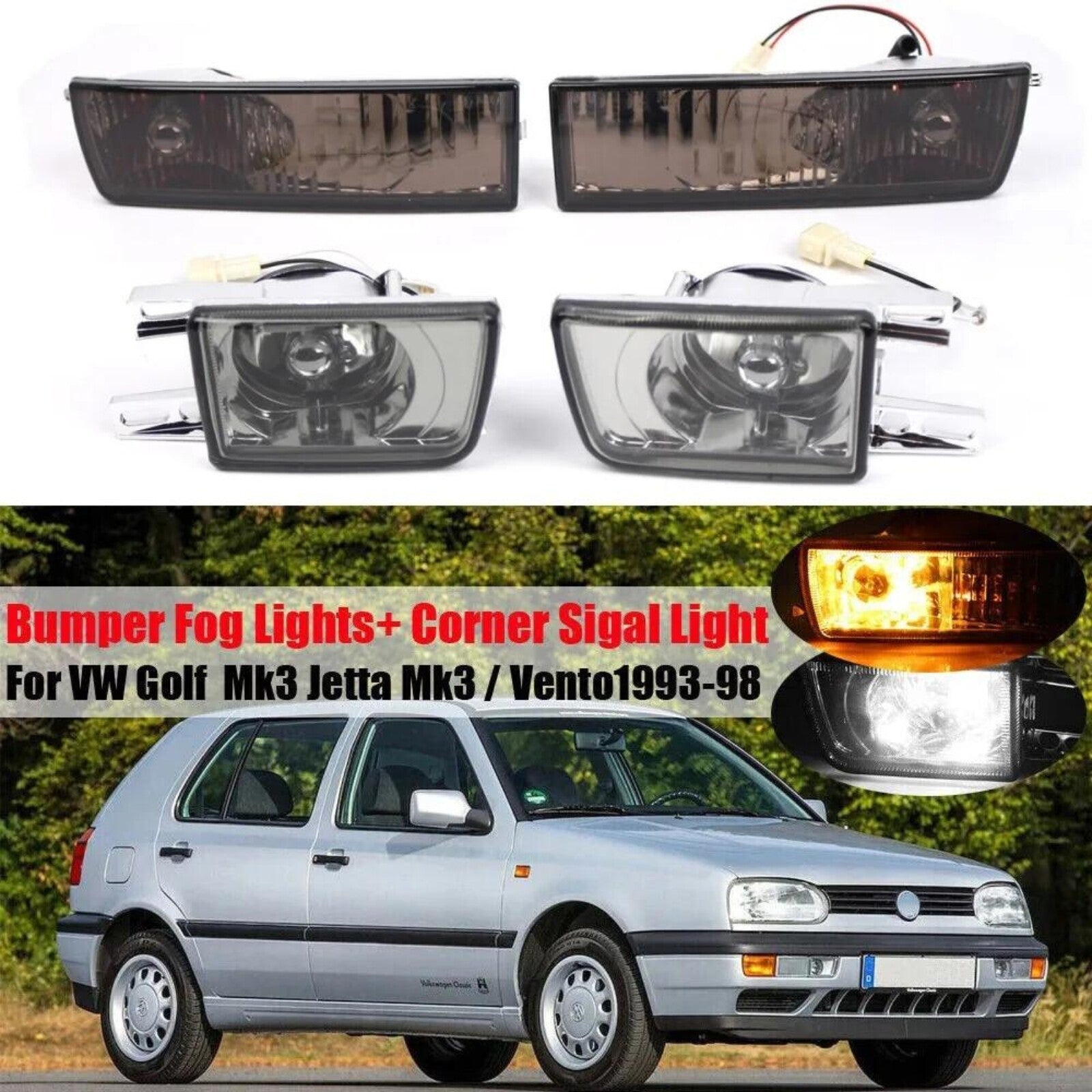 Front bumper fog lights + turn signals applicable to for Volkswagen for Jetta MK3 and for Golf 1992-1997 (smoked)
