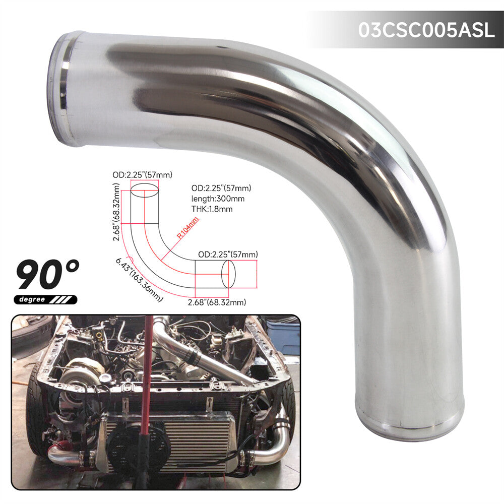 90 Degree 57mm 2.25 Aluminum Intercooler Intake Pipe Piping Tube Hose Silver