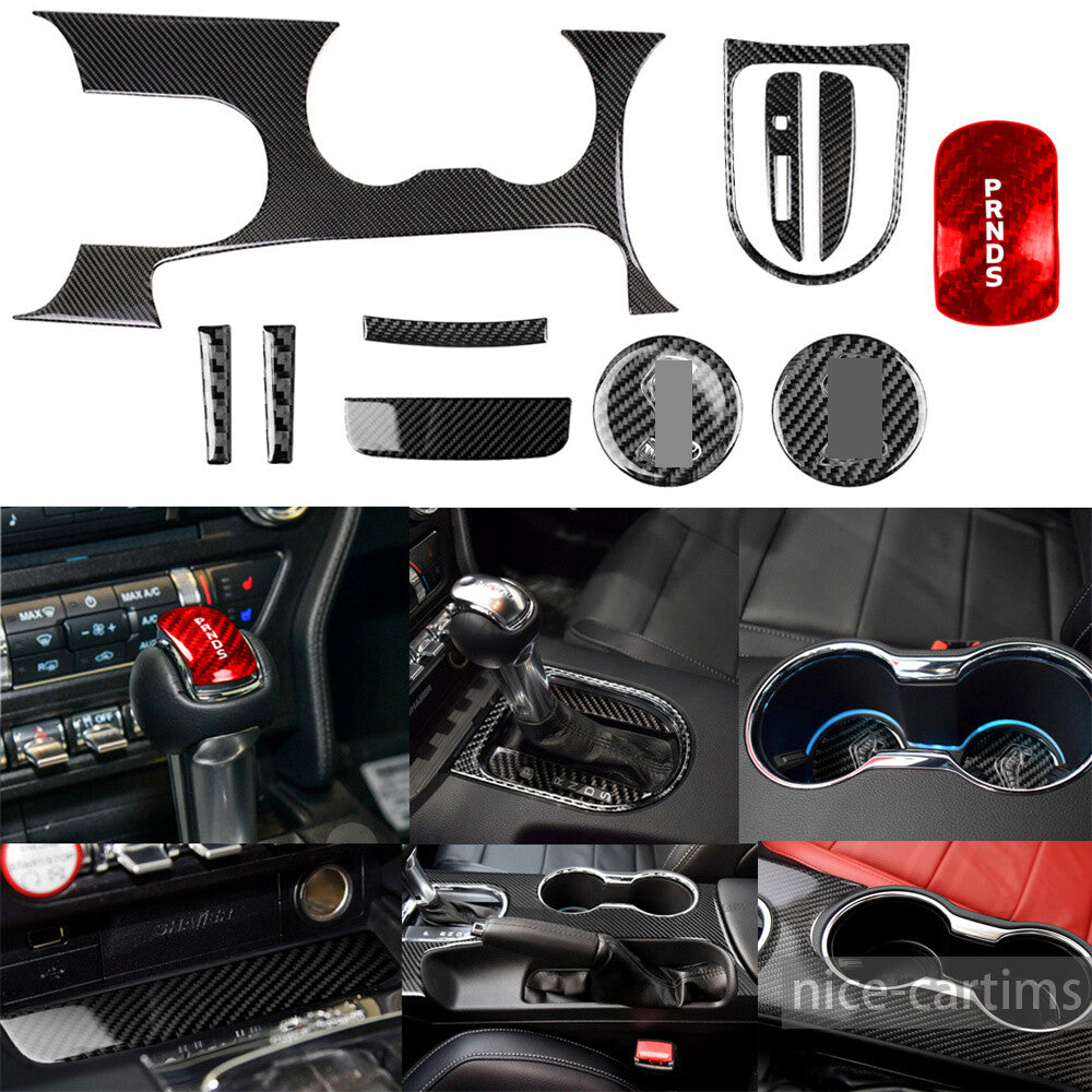 11¡ÁCarbon Fiber Interior Gear Shift Cup Holder Set Trim for Ford for Mustang 2015-23