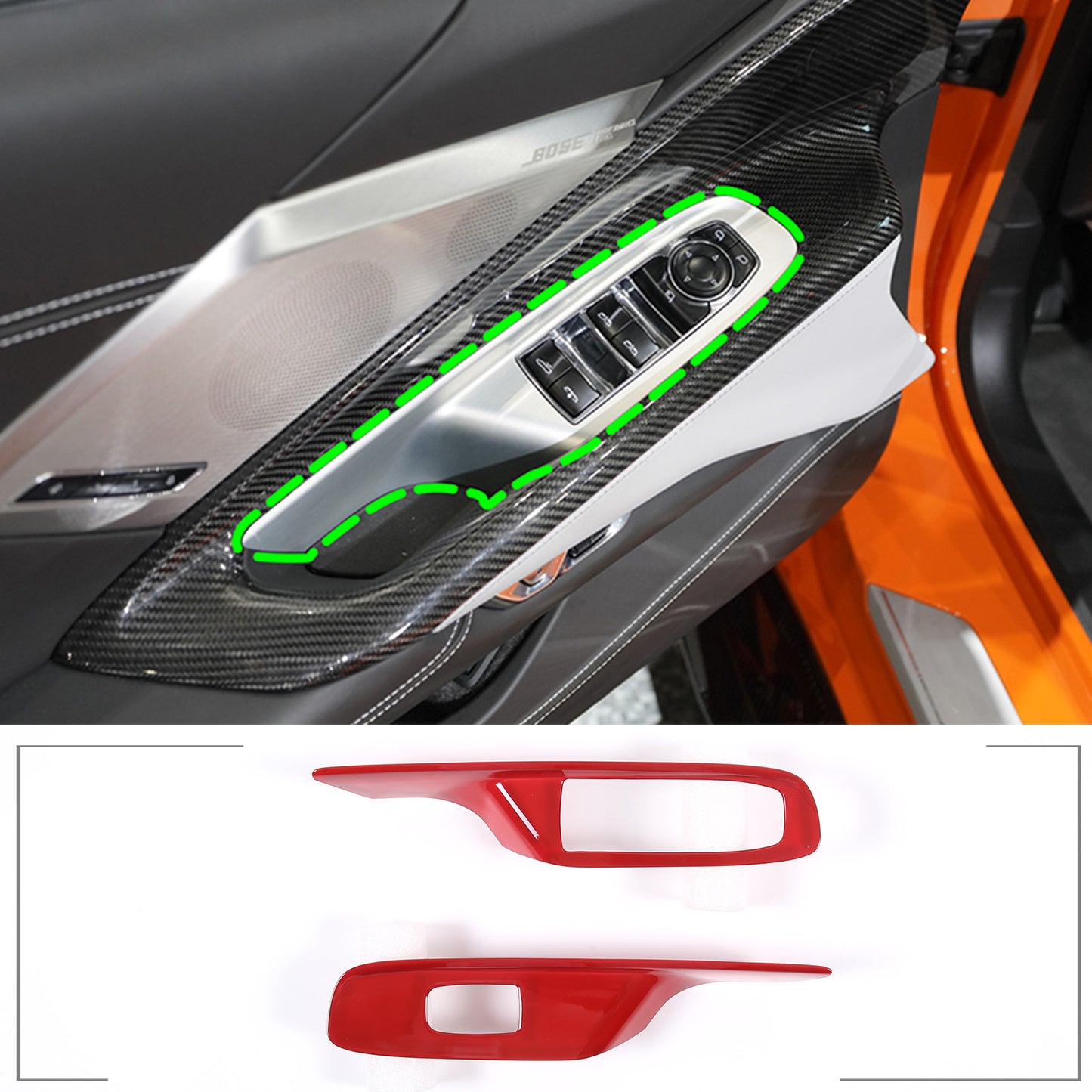 ABS carbon fiber window lift button cover trim for Corvette C8 adjustable 20-24-inch windows.