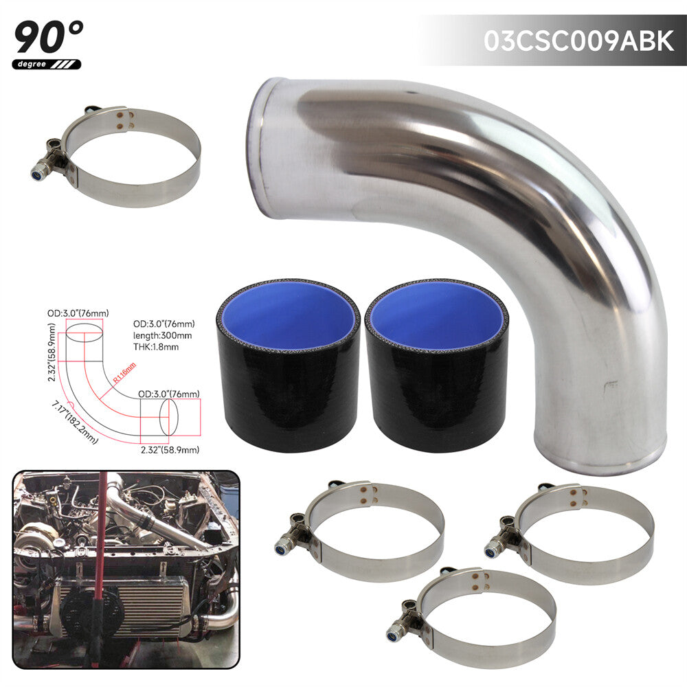 76mm 3'' 90Deg Aluminum Intercooler Turbo Intake Air Pipe Tube + Silicone Hoses