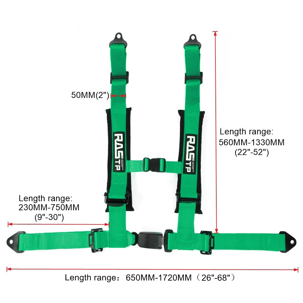 2inch 4-Point Harness Quick Release Safety for Seat Belt+1Pair Shoulder Pads Green