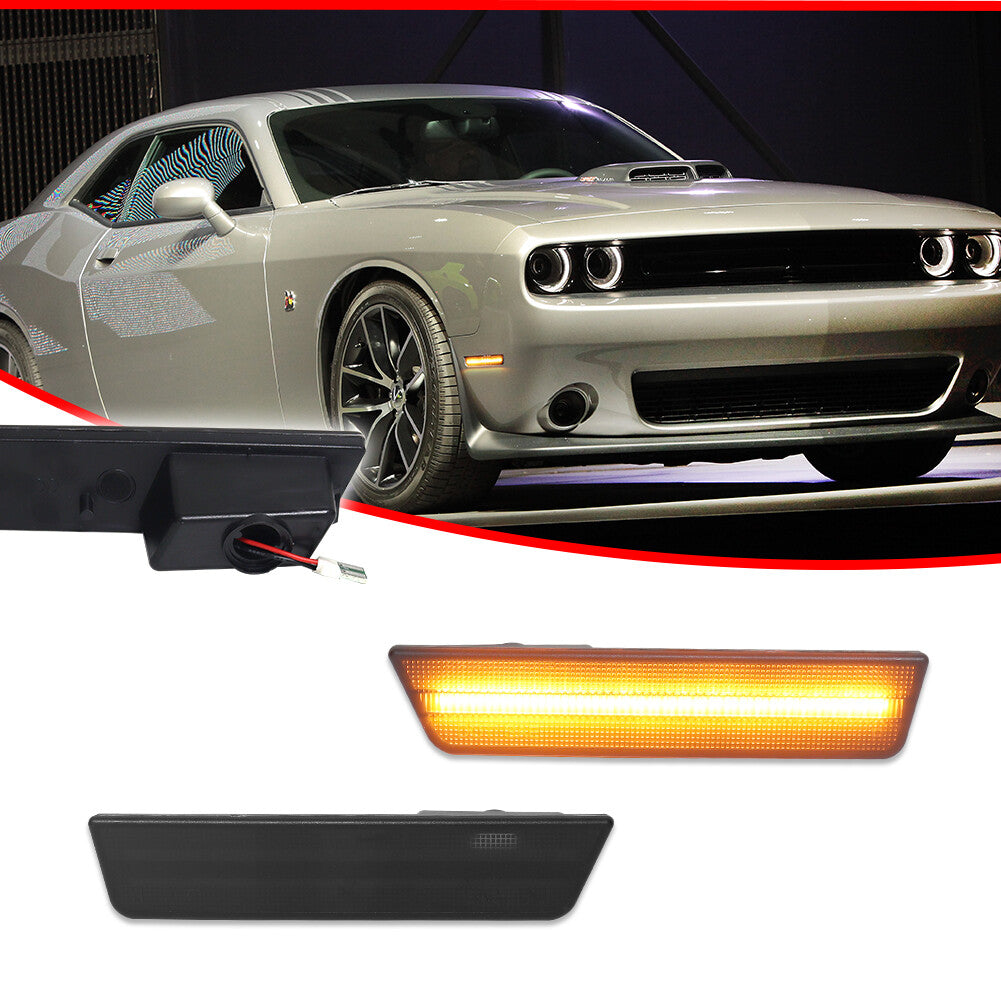 Fit 08-14 for Dodge for Challenger DARKEST SMOKE Amber LED Front Side Marker Lights
