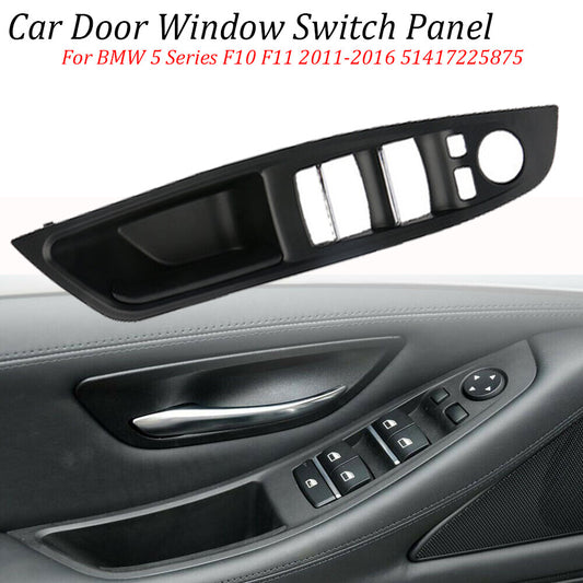 Black front door handle and left window switch cover for BMW F10, F11, and 5 Series vehicles.