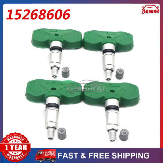 Four new green tire pressure sensors (TPMS) for GM for Cadillac CTS, for Buick , and for Chevrolet (15268606-).