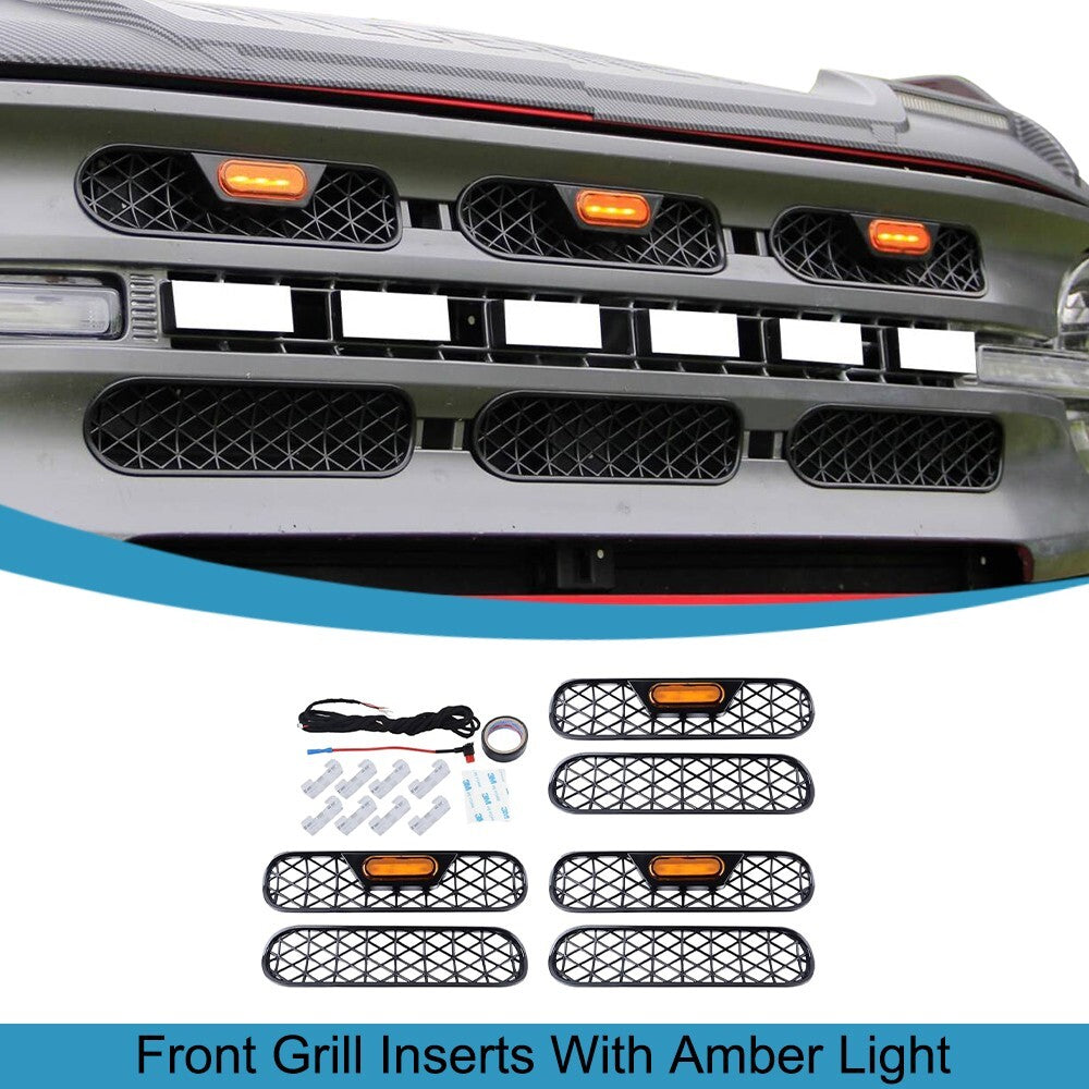 6PCS Front Grill Inserts With Amber Light Mesh Grille Trim for Ford Bronco 2021+