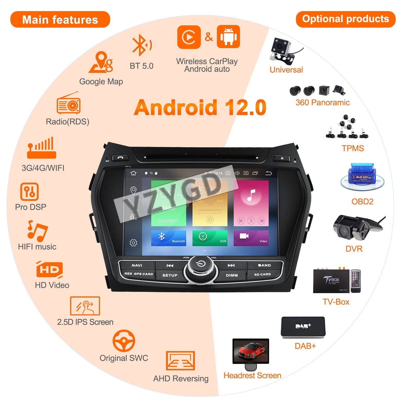 for Hyundai IX45 Santa Fe 2013-2018 Stereo CarPlay Car Radio GPS Player Screen